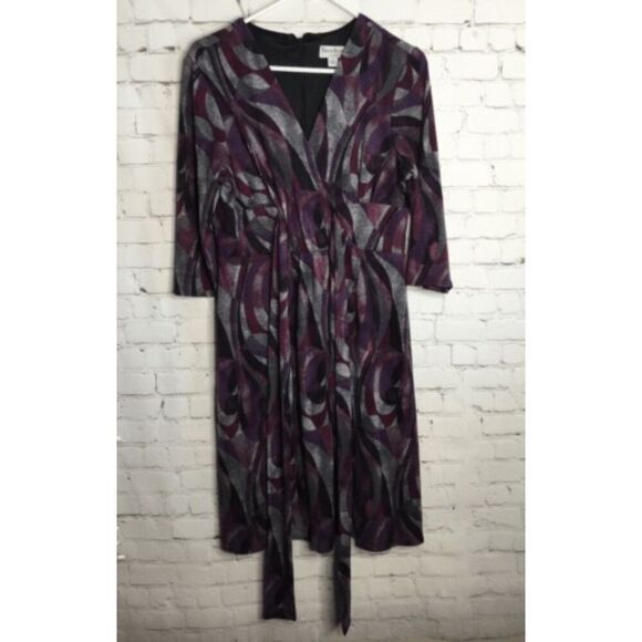 VTG NorthStyle Womens Purple Geo.Print Stretch Zip Tie Waist Midi Sheath Dress S - Picture 11 of 12